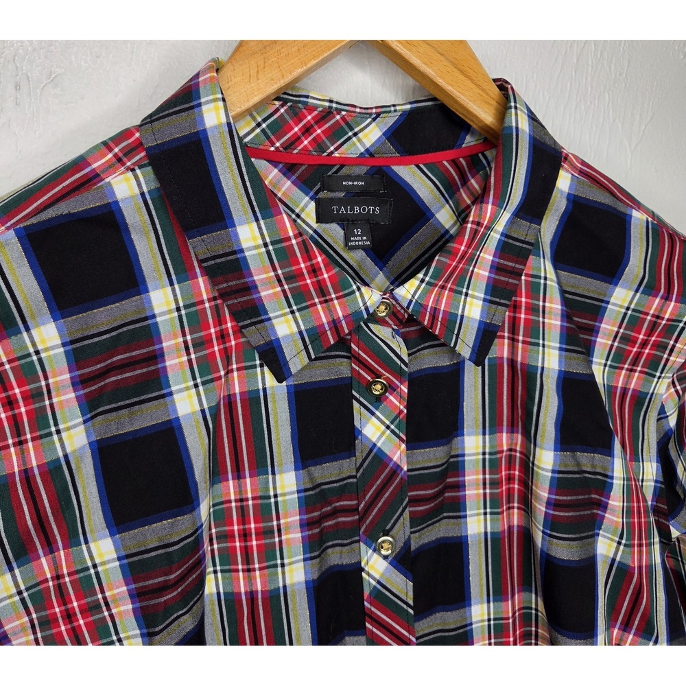 Talbots Button Up Shirt Red Green White Gold Buttons Tartan Plaid Women' Size 12